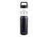 A drink bottle with a matte black finish, featuring a chug spout and a transparent screw-on lid, includes a logo.