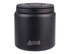 A black food flask with a quick release lid and spork, featuring a logo on the front.
