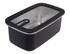 A rectangular stainless steel container with a black exterior and transparent lid, featuring a logo. 