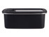 A rectangular black stainless steel container with a transparent lid, featuring a logo. Capacity of 1.1L.