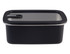 A rectangular black stainless steel container with a clear lid and a logo. Capacity of 1.1L.
