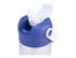 A drink bottle with a blue lid and a flip-open spout for easy sipping, featuring a logo on the side.