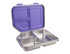 A stainless steel bento lunch box with a purple lid, featuring three compartments for food storage.