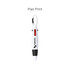 A white pen with a black branding logo and a red button, featuring a carabiner clip.