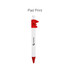 A white pen with red accents and a clip, featuring a branding logo on the side.
