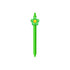 A green pen with a flower-shaped top featuring yellow accents and a branding logo.