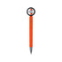 An orange pen with a fidget spinner shaped like a tire on top, featuring a silver tip. The pen has a logo.