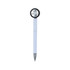 A fidget spin tire-shaped pen in white with a black wheel at the top and a silver clip.