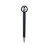 A black pen featuring a fidget spinner design shaped like a tyre, with a silver tip and a logo on the body.