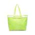 A tote bag with a detachable PVC cover in bright lime green, featuring sturdy handles and a clear exterior.