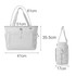 A lightweight white tennis tote bag with two handles, featuring measurement details and a zipped compartment.