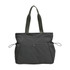 A lightweight grey tote bag featuring yoga mat straps and two exterior pockets, with sturdy handles and a logo.