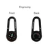 A black carabiner featuring a compass on one side and a thermometer on the other.