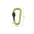A D-shaped, green screw lock keychain with a black locking mechanism, measuring 7.7 cm by 4.1 cm.