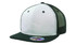 A premium snapback cap in white and black, featuring a mesh back and a circular logo sticker on the brim.