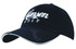 A navy blue cap with a white embroidered logo and an embossed peak featuring a logo.