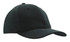 A black cap with a structured design and a curved brim, featuring a logo on the front.