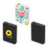 A square power bank in white with a floral design and two black power banks, featuring a logo.