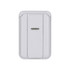 A white PU magnetic card holder with a phone stand feature and a small metal clasp. It has a sleek design.