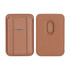 A PU magnetic card holder in a warm tan colour featuring a phone stand at the back and a logo.