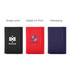 A PU magnetic wallet in black, red, and purple, featuring various printed logos on each.