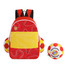 A foldable gym bag in red and yellow with football motifs and a logo, accompanied by a matching football.
