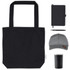 A black tote bag, grey cap, notebook, pen, and stainless steel drink container arranged together.