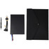 A black folder, notebook, pen, keychain, and USB cables in a promotional product layout.