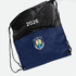 A black and navy drawstring bag featuring a logo and zippered pocket, designed for practicality and style.