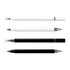 A collection of three dual-tip pens in white and black with clear caps and silver detailing.