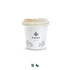 A white compostable paper coffee cup with a tan lid and minimal branding, featuring various food icons.