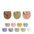 Oval PU leather jewellery pouches in various colours, including pink, purple, gold, and beige, with branding on some.