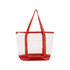 A large clear zippered tote bag with red handles and a textured base. Branding is visible on the bag.