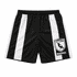 A pair of black and white sports shorts featuring a logo on one side and vertical stripes. Suitable for AFL and NRL.