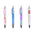 Four ballpoint pens in pink, blue, purple, and white, featuring various colourful designs and a logo.