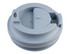 A grey coffee cup lid with a sliding opening and a small hole, featuring a logo on the side.