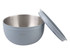 A double wall salad bowl in light blue with a stainless steel interior and a matching lid. Features a logo.