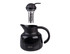 A black insulated teapot with a strainer, featuring a logo on the front.