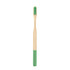 A large bamboo toothbrush with a green handle and bristles. It features a logo on the handle.