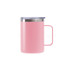 A stainless steel cup with a handle in pink, featuring a transparent lid and a sleek design.
