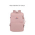 A pink expandable travel backpack with multiple compartments and a logo on the front.