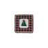 A Tapestry Blanket featuring a Christmas tree design, surrounded by a red and green plaid pattern with fringed edges.