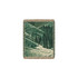 A tapestry blanket featuring green and earthy tones depicting rolling hills and tall trees. Fringed edges complete the design.