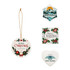 A set of four ceramic ornaments featuring festive designs, including Christmas themes and a heart-shaped ornament.