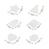 A set of six white ceramic ornaments, including shapes like a star, tree, bell, and heart, with various dimensions.