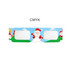 Colourful paper diffraction glasses featuring a festive design with Santa Claus and a landscape. 