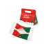 A foldable gift box in red and green with a Christmas design, featuring handle cut-outs and snowflake patterns.