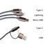 A braided charging cable in black and bronze, featuring Type C, Lightning, and Micro USB connectors.
