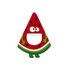 A drink bottle opener in the shape of a watermelon, featuring bright red, green, and white colours with a smiling character.