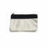 A canvas pencil case in cream and black, featuring a zip closure and a logo on the front.